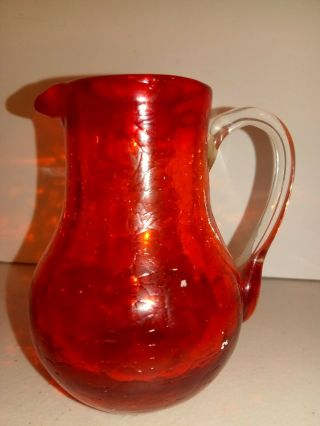 Vintage BLENKO Art Glass Pitcher Jug vase Crackled mid - century modern RUBY RED 3