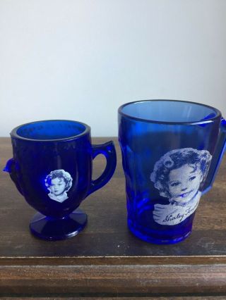Vintage 1930s Hazel - Atlas Shirley Temple Cobalt Blue Glass Cup And Egg Cup