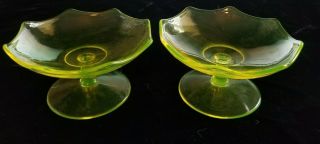 2 Two Small Yellow Vaseline Uranium Glass Fluted Compote Dessert Dishes