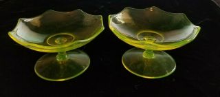 2 Two Small Yellow Vaseline Uranium Glass Fluted Compote Dessert Dishes 2