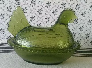 Vintage Indiana Glass Hen On Nest 7 " Green Covered Candy Dish
