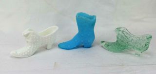 3 Vintage Fenton Glass Shoes/boots Milk Glass & Light Green Cat Head & Blue Boot