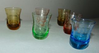 Six Vintage Colorful Etched Shot Or Cordial Glasses