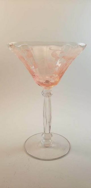 Vintage Pink Etched Depression Glass Goblet Floral - 6 1/4 " Tall -