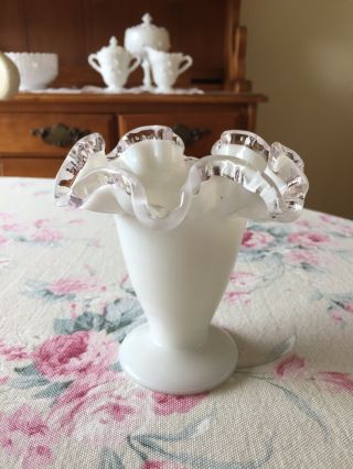 Vintage Fenton Milk Glass Silver Crest 4 - 3/8 " Crimped Ruffled Vase Wedding
