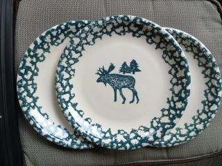 3 Tienshan Moose Country 10 - 1/4 " Dinner Plates Folk Craft Blue Sponge Paint