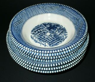 7 Vintage Royal China Blue And White Currier & Ives Bowls