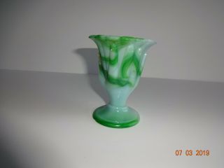 Vintage Akro Agate Glassware Marbleized Green White Beggars Hand Vase 766 2