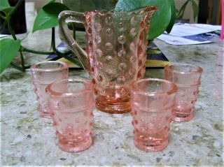 Vintage Hobnail Pink Glass Pitcher And 4 Tumblers Antique