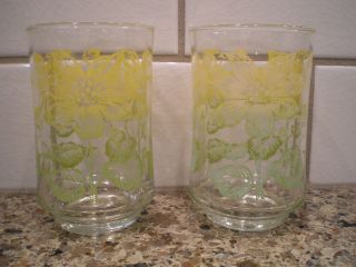 Vintage Libbey Drinking Juice Glasses Yellow And Green Summer Flowers