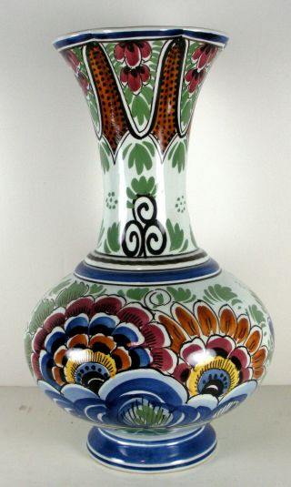 Delft Holland Hand Painted Floral Pattern Porcelain 11 1/2 Inch Tall Vase