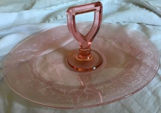 Vintage Pink Depression Glass Oval Sandwich Dessert Platter with Center Handle 2