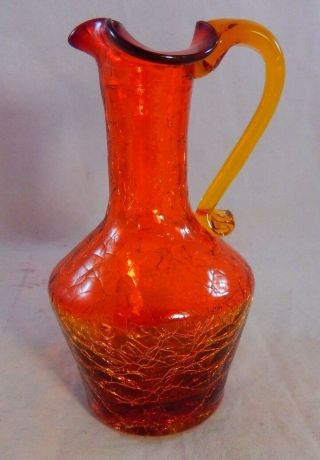 Vintage Small Pitcher Jug W/ Handle Crackle Art Glass Red Orange Amber 5 " High