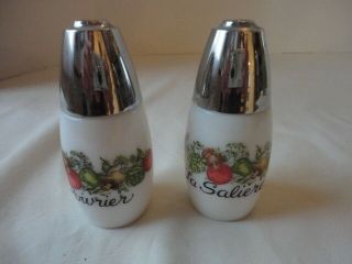Corning Ware " Spice Of Life " Salt And Pepper Shakers,  Milk Glass Vintage