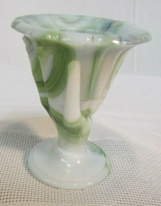 Akro Agate Slag Glass Green And White Hand Holding Vase