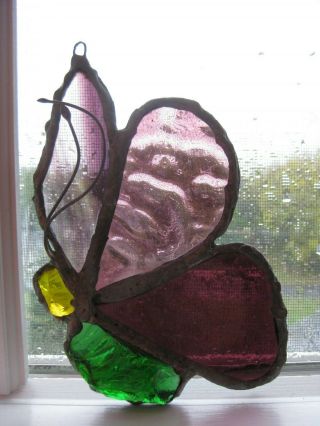 Vintage Large Leaded Stained Thick Natural Glass Butterfly Sun Catcher Handmade