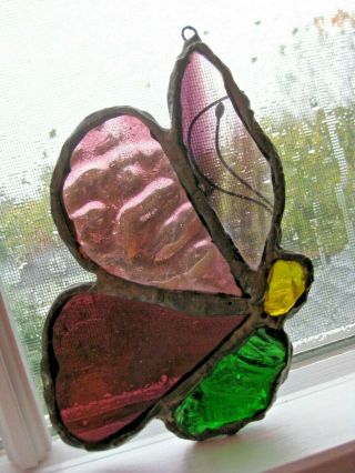Vintage Large Leaded Stained Thick Natural Glass Butterfly Sun Catcher Handmade 4