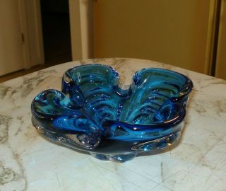 Vintage Signed Chalet Electric Blue Art Glass Console Bowl Or Ashtray