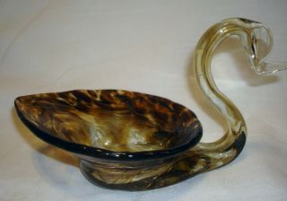Vintage Italy Brown Crystal Swirl Art Glass 5 ¾” Mini Swan Dish Bowl Decorating