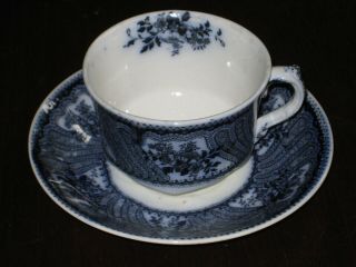 Antique Flow Blue England Tea Cup & Saucer Celtic W