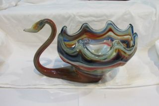 Hand Blown Large Glass Swan Bowl Blue Red/orange White 12 " Long 9 " Wide 7.  75 " T