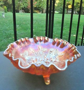 Vintage Imperial Marigold Carnival Glass Footed Bowl Embossed Roses 8 "