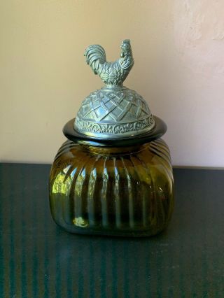 Artland Amber Canister Ribbed 5 " X 6 " Square Jar Pewter Rooster Chicken Lid Euc