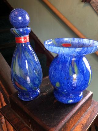 Matching Lavorazione Arte Murano Blue And Multi Glass Vase/bottle - Made In Italy