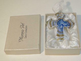 Lovely Blue And Gold Murano Glass Cross Pendant Or Ornament