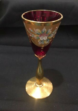 Vintage Bohemian Wine Glass Painted With Gold Trim And Stem.  Small 4 1/2 Ins Hig