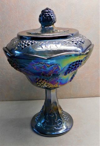 Vintage Blue Indiana Harvest Grape Carnival Glass Pedestal Candy Dish W Lid 12 "