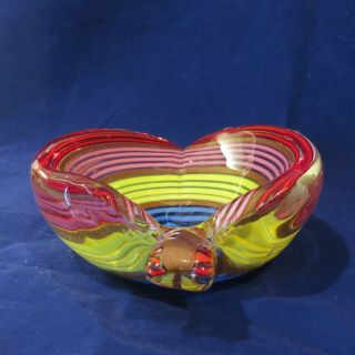 Vintage Murano Glass Leaf Stem Bowl Stripes Rose Gold Dust red,  blue,  yellow,  pink 2