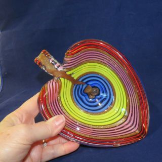 Vintage Murano Glass Leaf Stem Bowl Stripes Rose Gold Dust red,  blue,  yellow,  pink 3