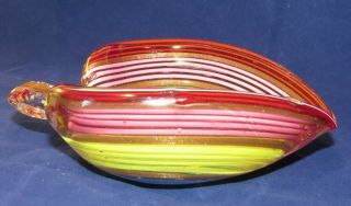 Vintage Murano Glass Leaf Stem Bowl Stripes Rose Gold Dust red,  blue,  yellow,  pink 5