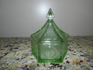 Indiana Green Glass Stars And Eagles Hexagon Candy Dish With Lid 6 " Tall