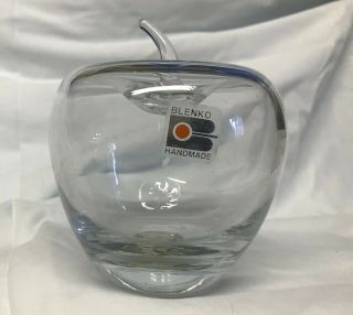 Vintage Blenko Clear Art Glass Handcrafted Apple Paperweight W/ Label