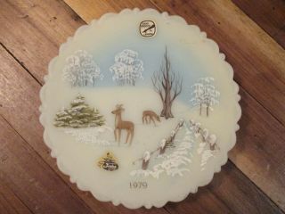 Fenton Art Glass Satin Winter Scene Hand Painted Deer Plate Signed