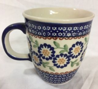 Manufaktura Polish Pottery Stoneware Coffee Mug Floral Flowers Cobalt Blue 12 Oz