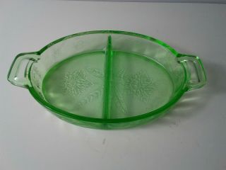 Jeanette Depression Glass Relish Dish Green Floral Handles Oval Divided Pressed