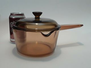 Corning Vision Ware Amber Glass 1 Liter Saucepan Pot With Spout & Pyrex Lid