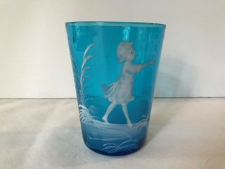 Antique Victorian Art Glass Tumbler Mary Gregory Blue White Enamel Girl Flower