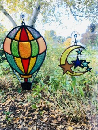 Vintage Stained Glass Suncatcher Ornament Hot Air Balloon Moon And Stars
