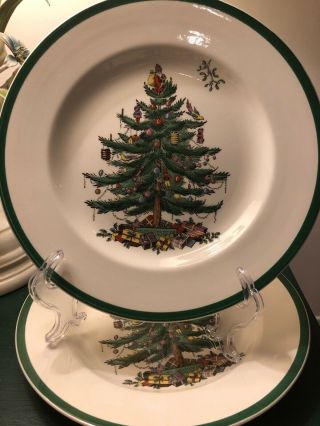 2 Spode Christmas Tree Dinner Plates 10 5/8” Black Stamp England