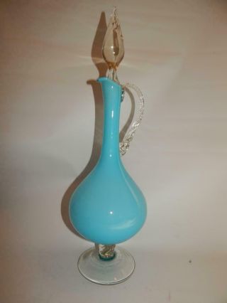 Vintage North American Or Italian Art Glass Blue Cased Decanter W/stopper Mcm