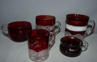 Ruby Flash Souvenir Cups Mugs 5 1899 - 1933 Etched Names Eapg Antique