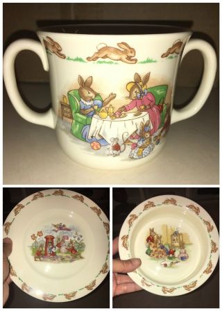 3 Piece Royal Doulton China Bunnykins Childs Set Bowl Cup Plate Various Scenes