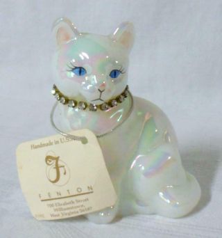 Fenton White Iridescent Cat W/rhinestone Collar “april”