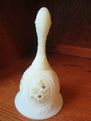 Fenton Yellow Satin Glass Bell Hand Painted W/ Flowers & Signed By Kay Davis