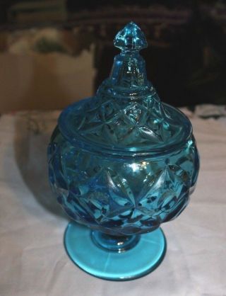 Vintage Turquoise Aqua Blue Pressed Glass Round Covered Candy Dish Bowl 8.  25 " L