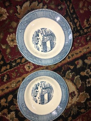 6 Vintage Currier & Ives 6 1/4 Inch Salad Bowls Bowls,  Royal China Co,  Blue Usa